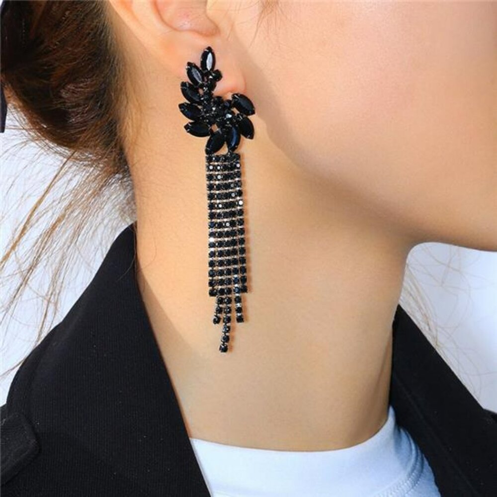 Black Earrings Long Tassel Fringe Dangle Rhinestone Crystal Bridal Halloween
